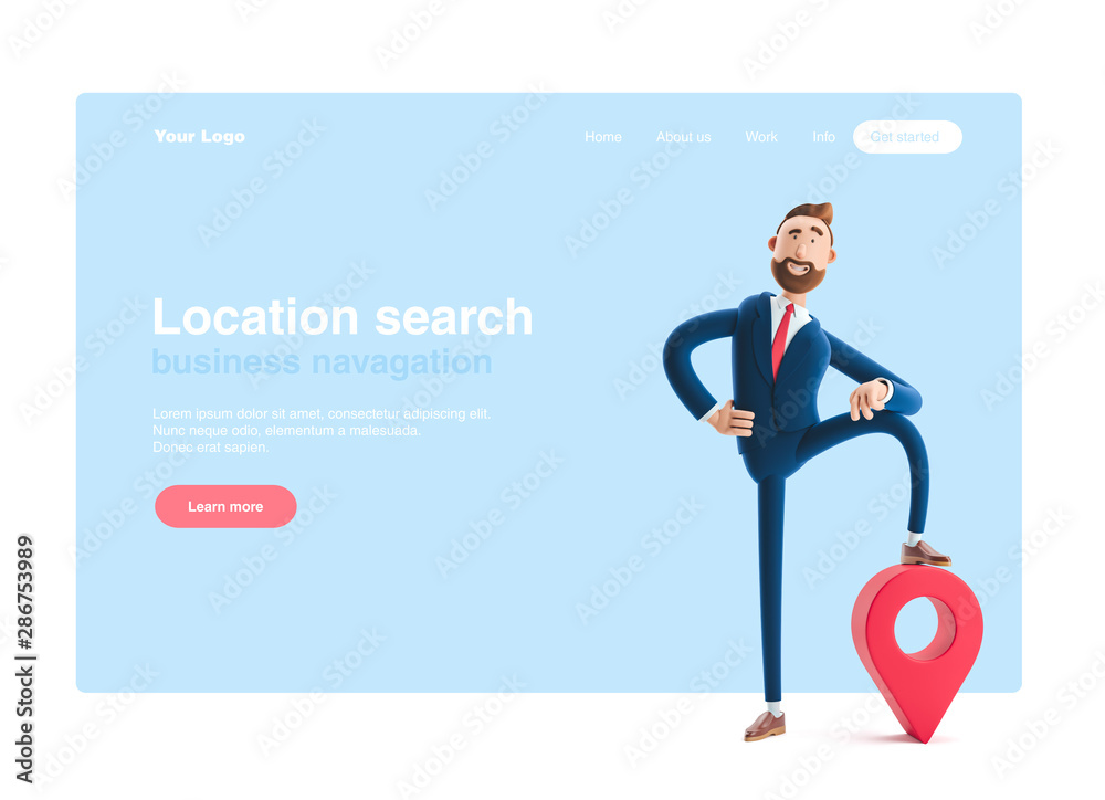 3d illustration. Portrait of a handsome businessman with map  pin. GPS concept. Web banner, start site page, infographics.