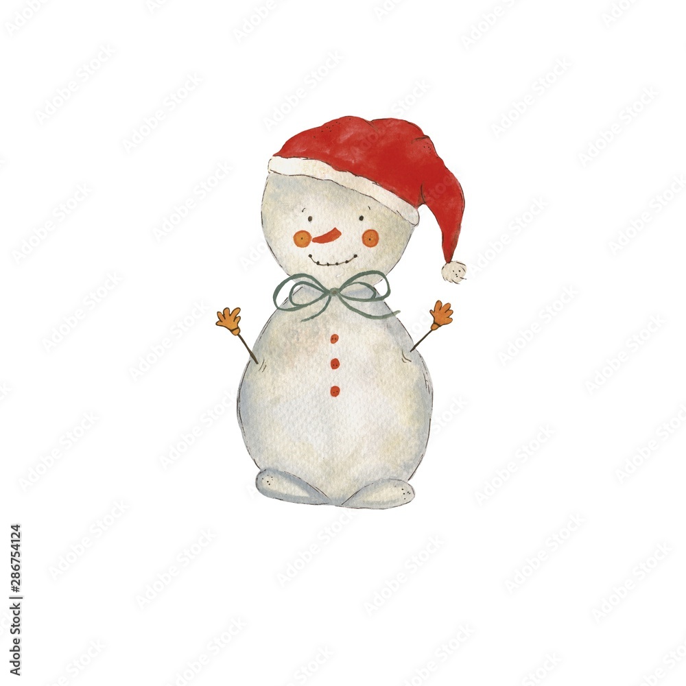 Cute Snowman is drawn by watercolor in hand. Winter and New Year symbol is perfect for all types of design. Cute Snowman is drawn by watercolor in hand. Winter and New Year symbol is perfect for all types of design.