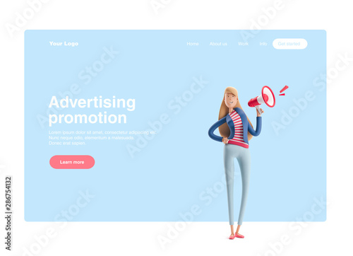 3d illustration. Young business woman Emma standing with speaker on a blue background. Web banner, start site page, infographics,advertising promotion concept.
