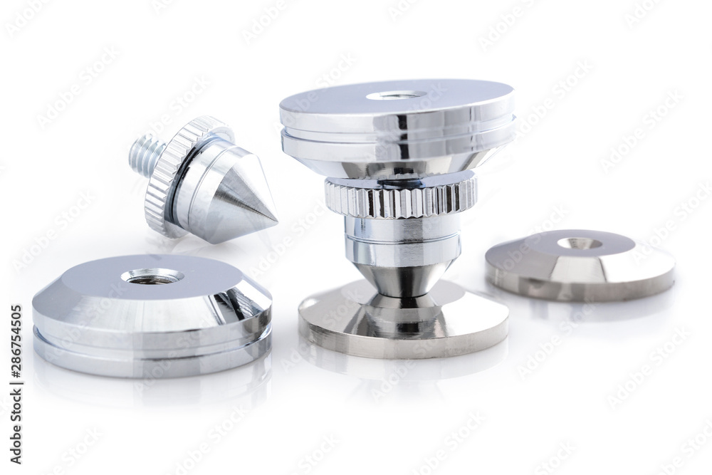 Audio stainless steel cone spike, assembled and disassembled. Adjustable  shockproof isolation feet for audio. Stand pad for speaker, amplifier,  turntable, DAC, recorder. Close up on white background. Stock-Foto | Adobe  Stock