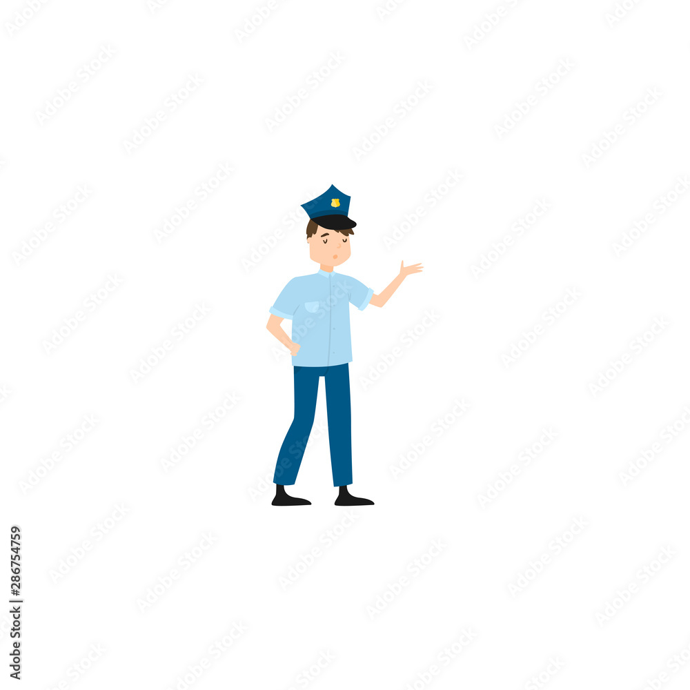 Policeman standing in a pose. Raster illustration isolated on white background