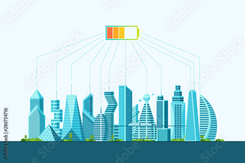 Future smart eco city alternative clean sun energy concept. Urban landscape with solar battery power charge level. Futuristic multi-storey cyberpunk graphic ecology town house vector illustration