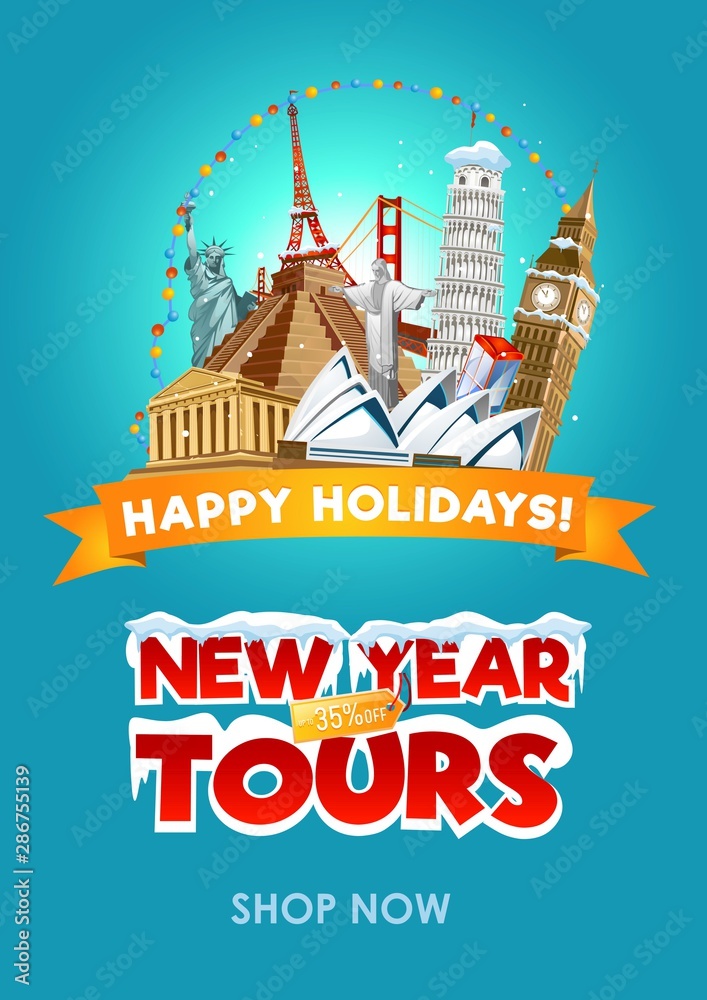 New year travel promo flyer design. Vector illustration