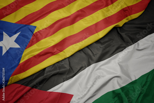 waving colorful flag of palestine and national flag of catalonia.