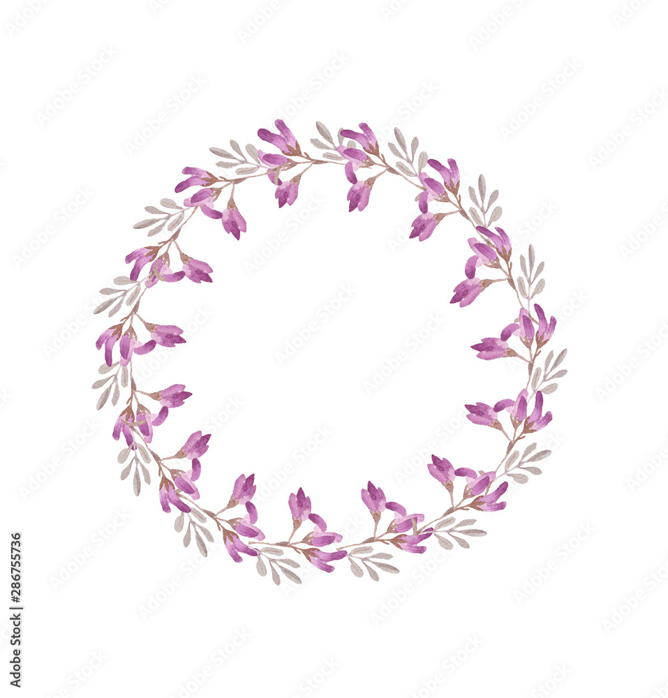 Purple watercolor flowers in the form of a wreath