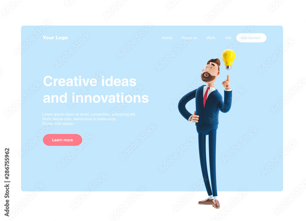 3d illustration. Businessman Billy with yellow bulb. Innovation and inspiration concept. Web banner, start site page, infographics. 3d illustration. Businessman Billy with yellow bulb. Innovation and inspiration concept. Web banner, start site page, infographics.
