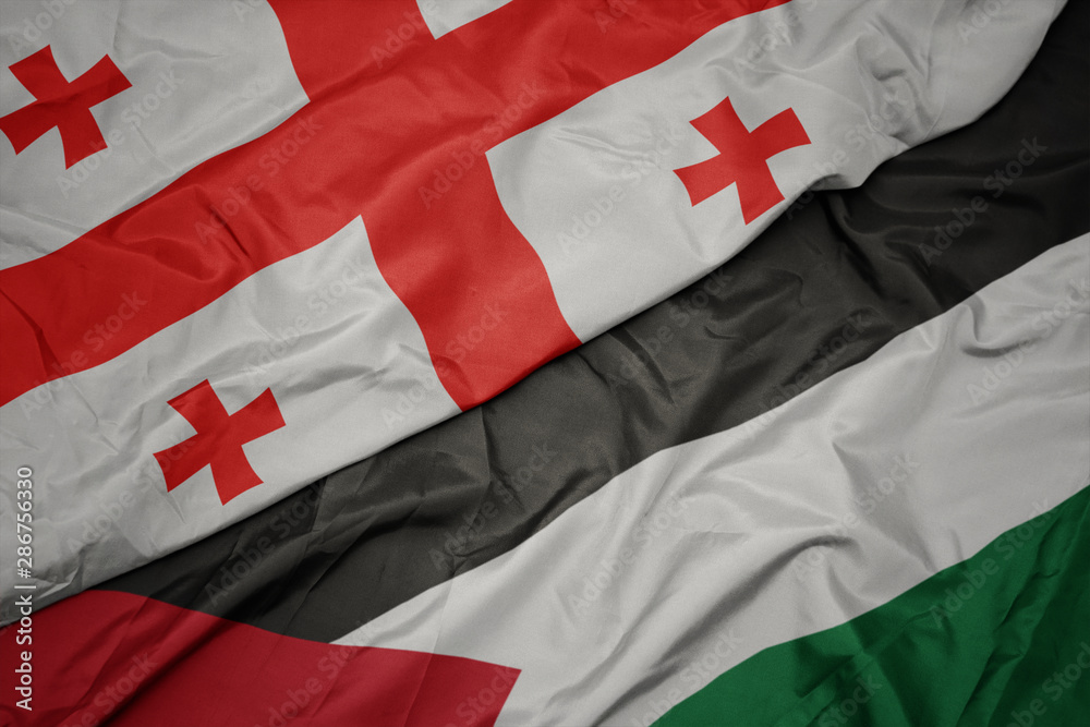 Fototapeta premium waving colorful flag of palestine and national flag of georgia.