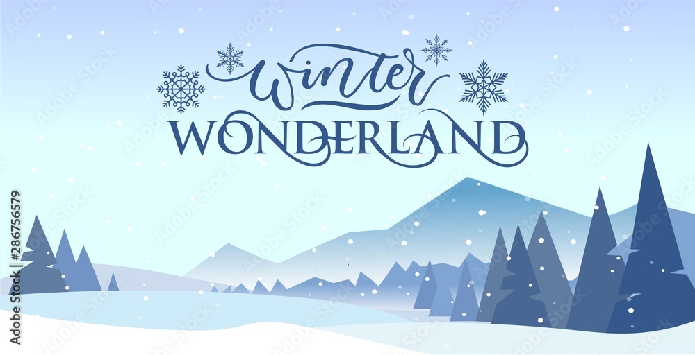 Winter wonderland banner vector illustration. Greeting postcard with  picturesque view on snowy mountains and trees decorated with snowflakes.  Xmas eve concept Stock Vector