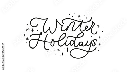 Winter holidays banner vector illustration. Beautiful black template with inspirational lettering, snowflakes, stars flat style design. Xmas eve concept. Isolated on white background