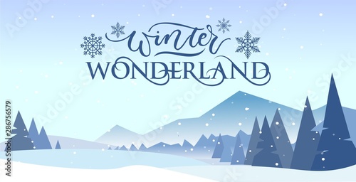 Winter wonderland banner vector illustration. Greeting postcard with picturesque view on snowy mountains and trees decorated with snowflakes. Xmas eve concept