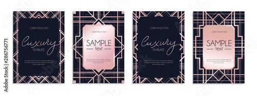 Collection of frames design template set vector illustration. Invitation card or flayer with deep black background texture, rose gold geometric lines and frame flat style concept. Place for text