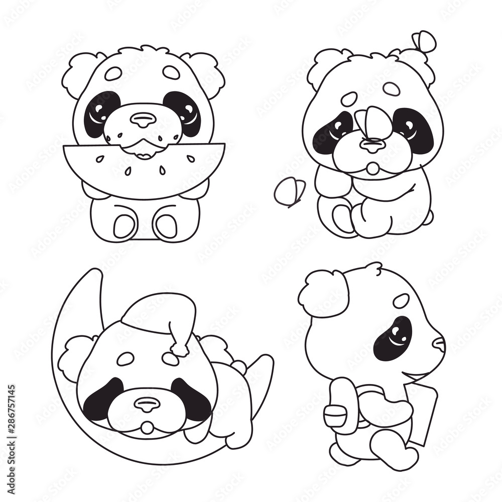 Cute panda kawaii linear characters pack. Adorable and funny animal eating watermelon, sleeping, back to school isolated sticker, patches set. Anime baby baby bear doodle emojis thin line icons