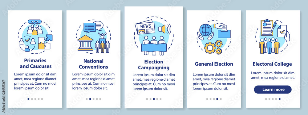 Elections onboarding mobile app page screen with linear concepts. Politics and social events. Five walkthrough steps graphic instructions. UX, UI, GUI vector template with illustrations