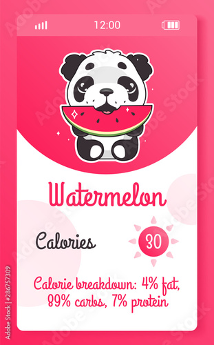 Calorie counter kids mobile app screen with cartoon kawaii character. Food tracker smartphone girlish widget, application design mockup with panda bear. Calorie calculator phone page and animal