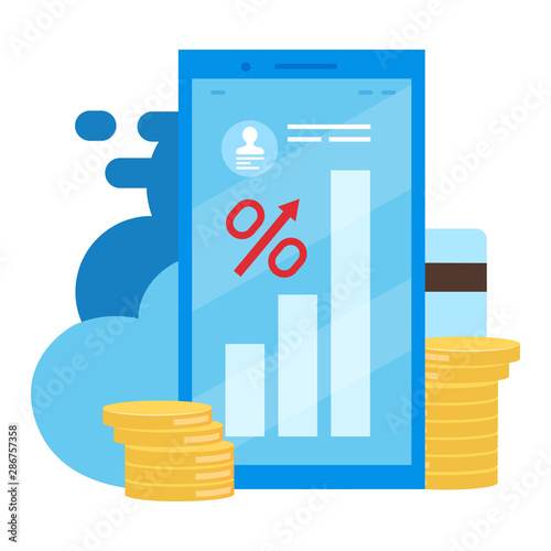 High interest rate loan, deposit flat vector illustration. Percentage increasing cartoon concept. Ebanking, ewallet smartphone application. Mobile banking, stock trading app isolated metaphor