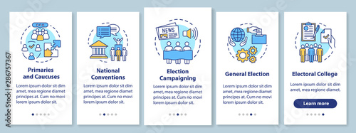 Elections onboarding mobile app page screen with linear concepts. Politics and social events. Five walkthrough steps graphic instructions. UX, UI, GUI vector template with illustrations