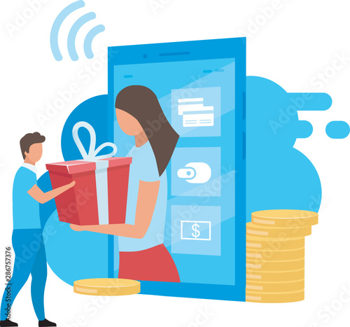 Bank account bonuses flat vector illustration. Cashback options cartoon concept. Mobile banking, ebanking, digital wallet app special offers, discounts. Referral reward program, customer loyalty