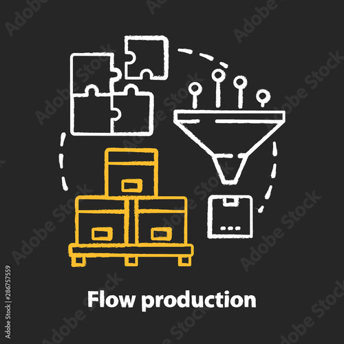 Flow production chalk concept icon. Continuous-flow manufacturing idea. Production process. Fabrication method. Non-stop, repetitive manufacturing. Vector isolated chalkboard illustration