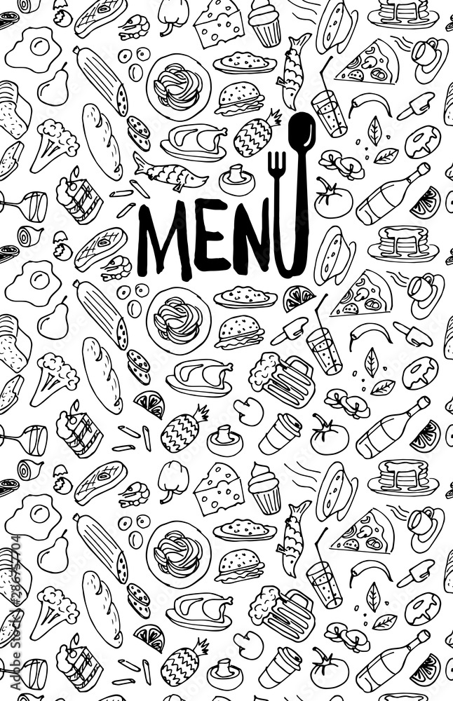 Cafe restaurant menu cover design template. Title page with hand drawn food doodle outline colored sketch pattern on white background. Vector cooking element illustration - obrazy, fototapety, plakaty 