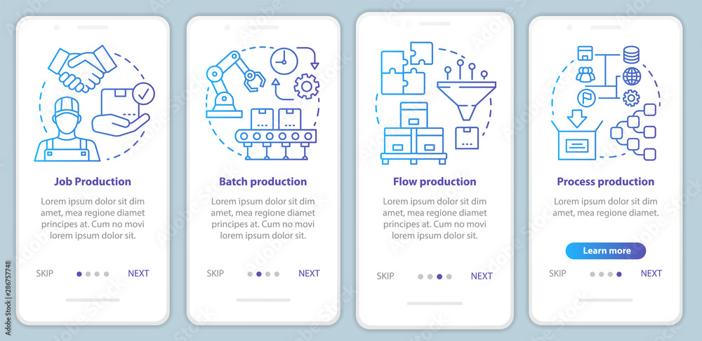 Manufacturing method blue onboarding mobile app page screen vector template. Job, batch, flow, process production. Walkthrough website steps with linear icons. UX, UI, GUI smartphone interface concept