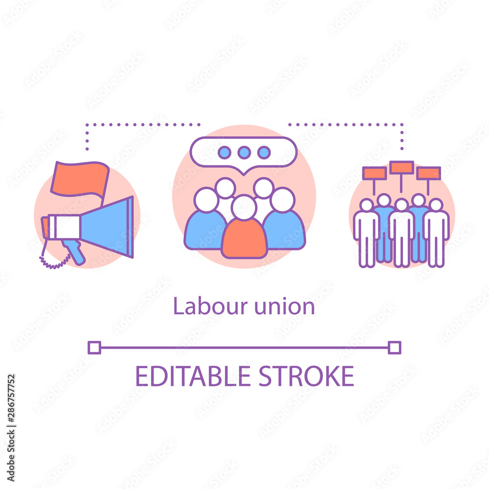 Labour union concept icon. Employee rights protection idea thin line illustration. Trade union. Workers association. Organized group of employee. Vector isolated outline drawing. Editable stroke