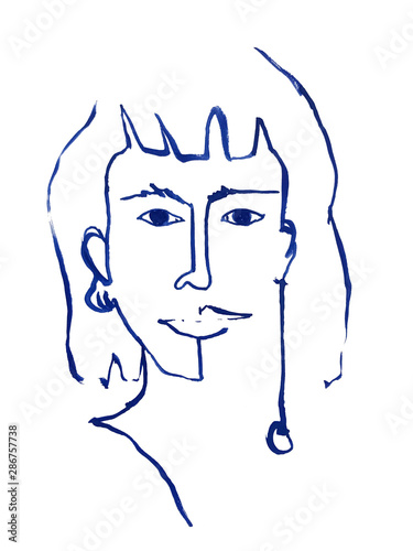 Modern linear portrait of woman with long earring. Blue gouache line art.Minimalist graphic.