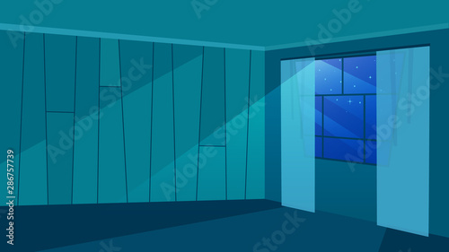 Empty room in moonlight rays flat vector illustration. Trendy walls with geometric pattern. Modern windowpane with curtains. Minimalist architecture, house apartment design in darkness view