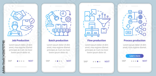 Manufacturing method blue onboarding mobile app page screen vector template. Job, batch, flow, process production. Walkthrough website steps with linear icons. UX, UI, GUI smartphone interface concept