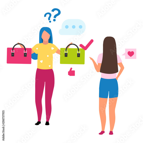 Girl choosing handbag flat vector illustration. Shop assistant helping consumer make decision cartoon character. Customer in mall doing purchases. Friends shopping in handbag showroom photo