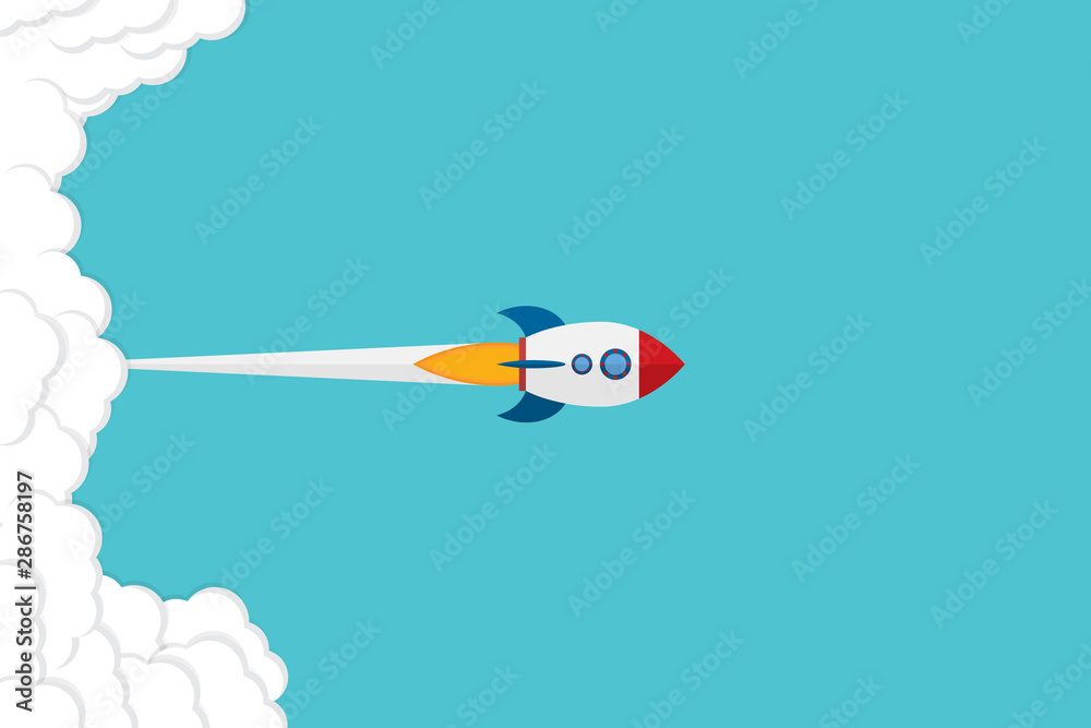 App launch. Startup vector concept, flat cartoon rocket or rocketship launch, mobile phone or smartphone, idea of successful business project start up, boost technology, innovation.