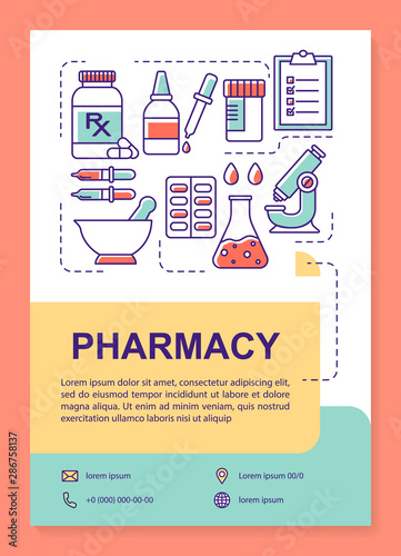 Pharmaceutical industry poster template layout.  Drugs production. Banner, booklet, leaflet print design with linear icons. Vector brochure page layouts for magazines, advertising flyers