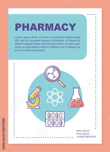 Pharmaceutical industry poster template layout.  Drugs production. Banner, booklet, leaflet print design with linear icons. Vector brochure page layouts for magazines, advertising flyers