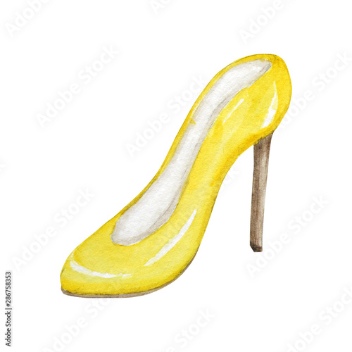 yellow fashion women's shoes on the high heels. Painted hand-drawn watercolor Illustration isolated on a white background. Smart luxury lady shoe collection.