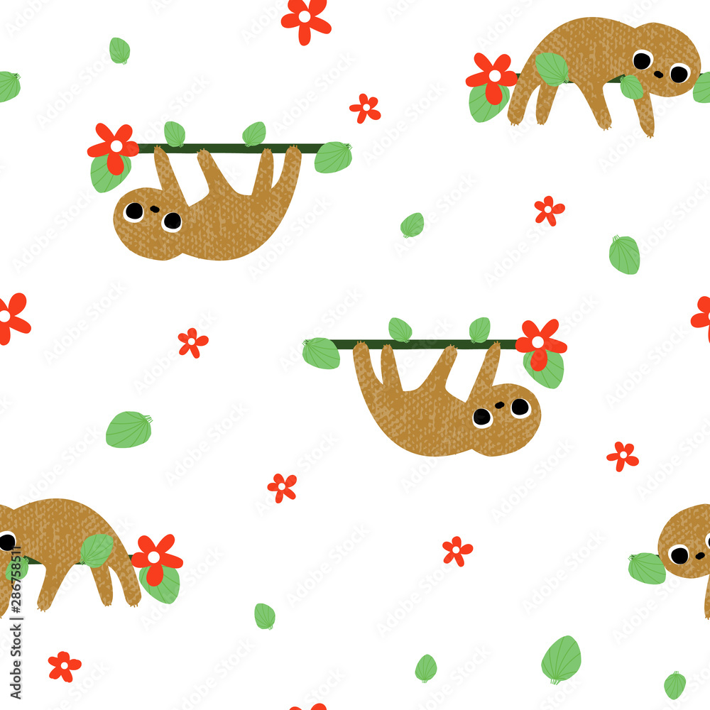 Naklejka premium Funny sloth and branch with leaves. Kids print. Vector hand drawn illutration.