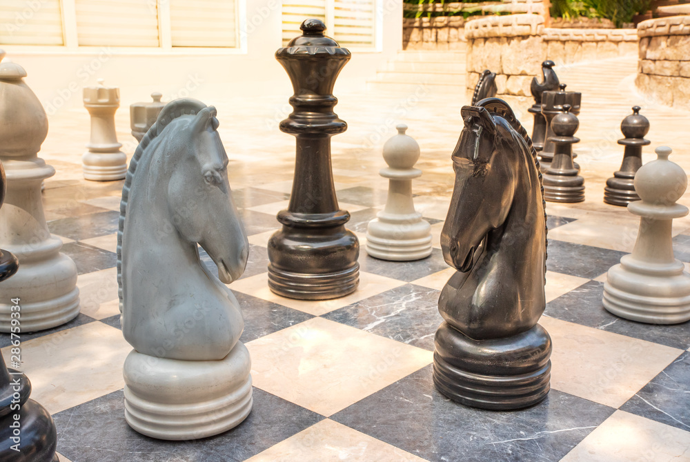 Large chessboard for playing on the street. Chess pieces: Queen, Knight, Elephant, Rook, Pawn. Large chessboard for playing on the street. Chess pieces: Queen, Knight, Elephant, Rook, Pawn.