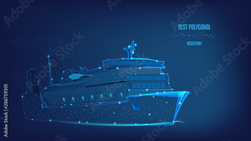 Ocean liner, ship from Polygonal of triangles and points. Concept of business trip, travel or tourism, logistic, shipping. Background of beautiful dark blue night sky. Low poly.