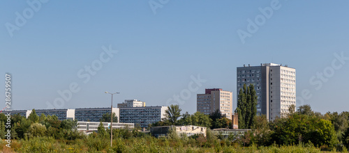 Typical modernized residential buildings in Leipzig city center with blue sky, architecture from the GDR from the 70s and 80s of the last century,Germany