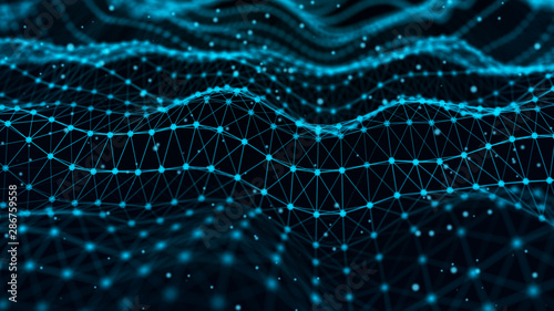 Abstract composition with connecting dots and lines. Blue background. Plexus effect.