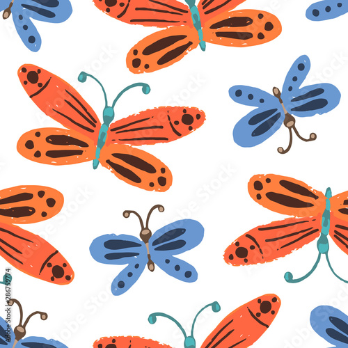 Cute seamless pattern with colorful childish red and blue butterflies. Naive floral texture with bright orange and indigo moth insects for kids textile, wrapping paper, background, surface, wallpaper © Tatahnka