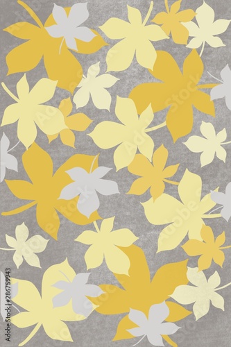 Illustration of a pattern of yellow and gray leaves on a gray background. Background of leaves.