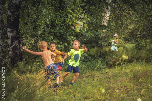 Boys fighting over girls outdoors in forest countryside childhood lifestyle
