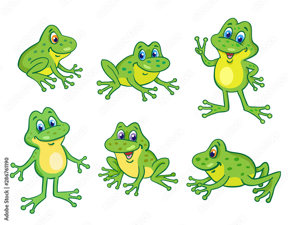Set of six funny little frogs in cartoon style sitting and jumping on white  background. Stock Vector