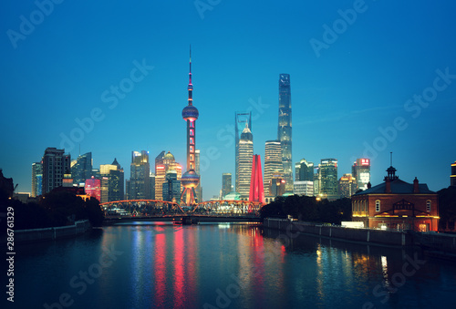 Shanghai skyline and Waibaidu bridge, China