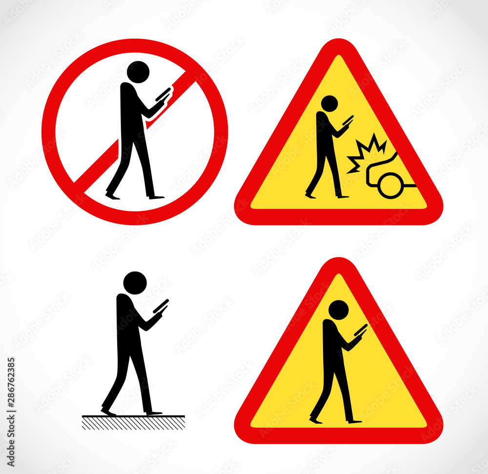 Danger on road sign concept - man with mobile phone walking through crossroad Danger on road sign concept - man with mobile phone walking through crossroad