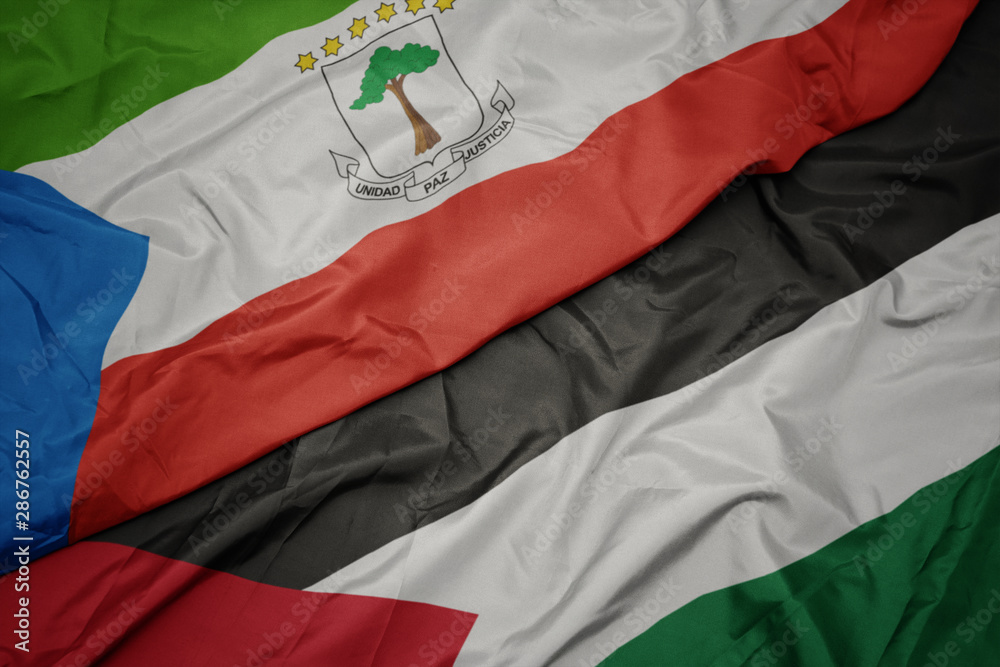 waving colorful flag of palestine and national flag of equatorial guinea.
