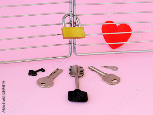 One red silk heart is in a cage locked with padlock. Five different keys in front of this cage. To pick up the key to the heart consepts. photo