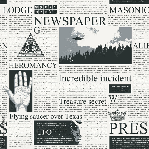 Vector seamless pattern with newspaper columns. Repeatable newspaper background with black unreadable text, headlines, illustrations on the theme of magic, metaphysics, palmistry, alien civilizations