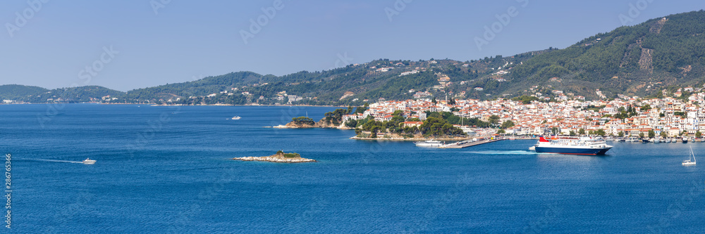Fototapeta premium Skiathos island Greece city overview town panoramic view landscape Mediterranean Sea Aegean travel