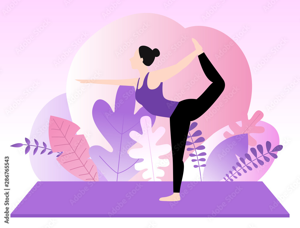 Young woman doing yoga. Purple background with plant silhouette. Young woman doing yoga. Purple background with plant silhouette.