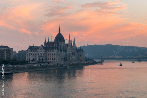 Aerial view of Budapest parliament and the Danube river at sunset, Hungary. © k_samurkas